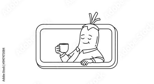 Cartoon chili pepper character in shirt holding coffee cup, relaxing in frame
