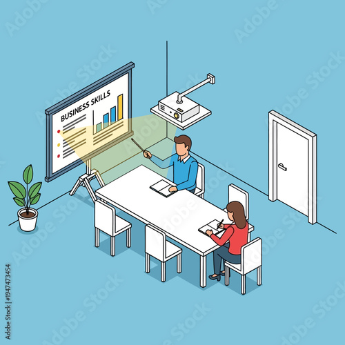 A business presentation is being given to a small group in a meeting room.