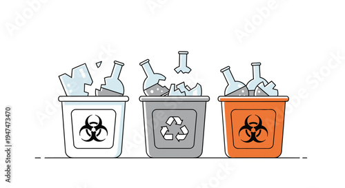 Hazardous waste and recycling bins with broken glass bottles - Waste segregation safety disposal