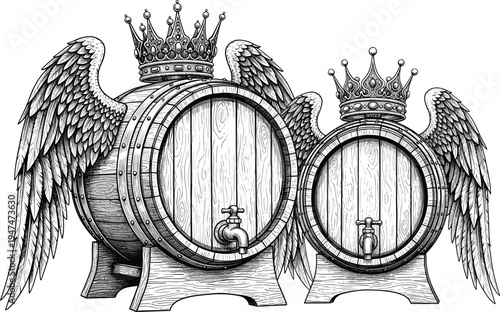 Vintage wooden barrel with wings and crown illustration, fantasy wine barrel engraving style, medieval brewery symbol decorative design
