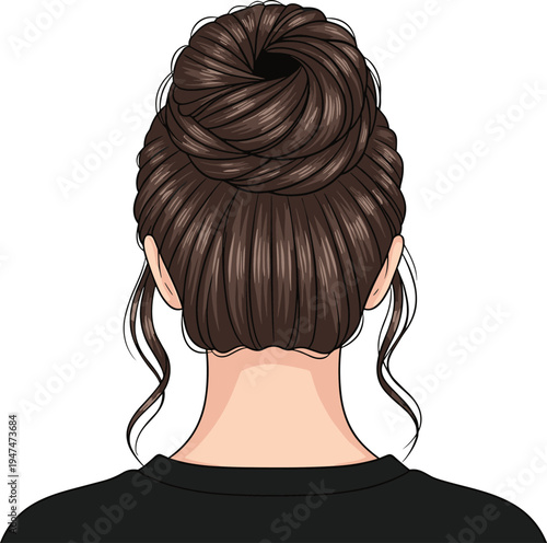 Woman bun hairstyle back view vector, female hair updo illustration, brunette messy bun style, elegant woman hair design