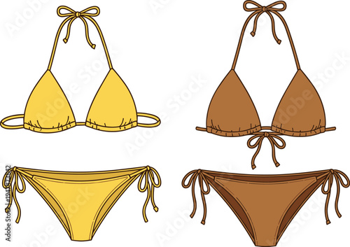 Women bikini set illustration, yellow and brown swimwear collection, beach fashion clothing, summer swimsuit design, female bikini apparel vector