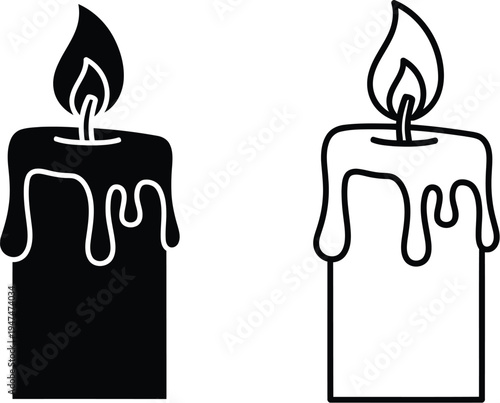 Black and white candles with dripping wax and flame Vector