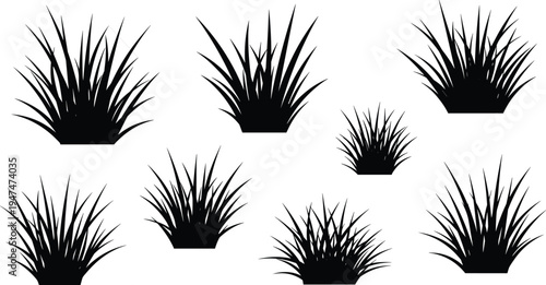 Black grass tufts silhouette set with various field plants for nature landscape design, garden meadow elements, lawn decoration, and outdoor scenery
