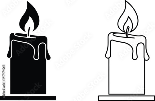 Black and white candles with dripping wax and flames Vector
