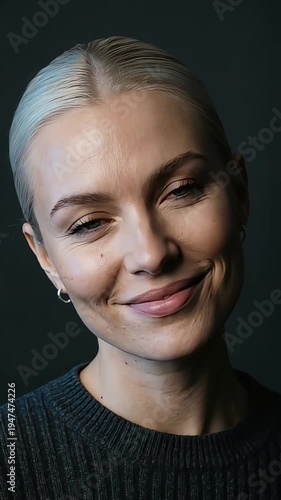 Close up portrait of smiling woman with platinum blonde short hair