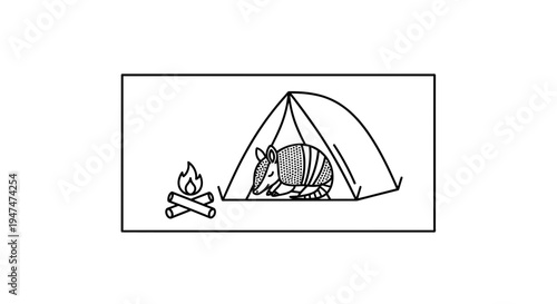 Cute Armadillo Sleeping in Tent Next to Campfire, Outdoor Adventure Illustration