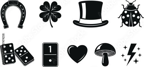 Set of lucky charm icons including horseshoe four leaf clover top hat ladybug heart dominoes mushroom and lightning bolt for luck