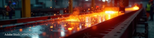 Glowing hot steel slab moves on conveyor belt , metallurgy, heat treatment