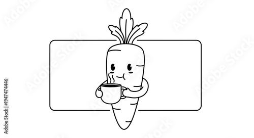 Cute Carrot Character Holding a Hot Coffee Cup, Kawaii Style, Black and White Outline