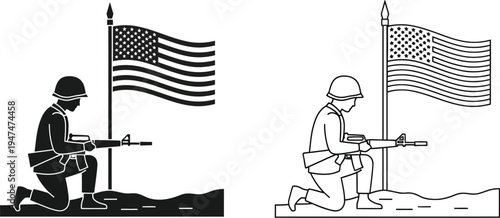 Soldiers kneeling with guns and american flag Vector