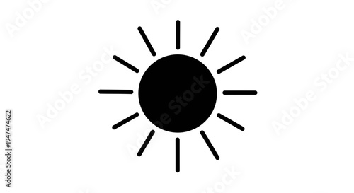 Simple Black Sun Icon with Rays on White Background - Minimalist Graphic Symbol