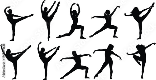 Black gymnastics and dance silhouettes set featuring female athletes in various poses like stretching and balancing for fitness, sports, and yoga