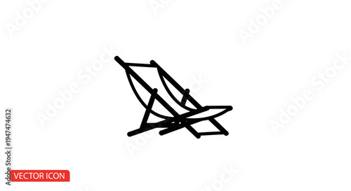 Simple Black Line Icon of a Deck Chair on a White Background