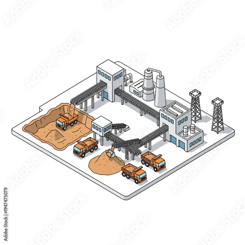 Isometric view of a factory with trucks, conveyors, and processing units.