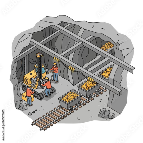 Image depicts a mining operation with workers, machinery, and extracted ore inside a tunnel.