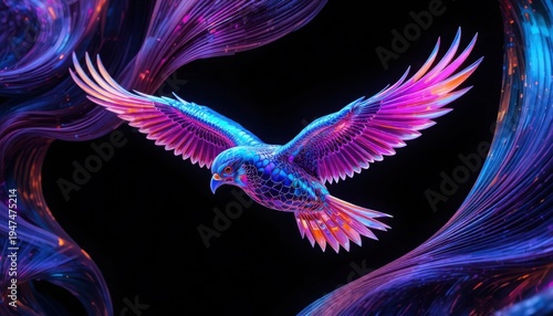 A breathtaking digital eagle with wings spread wide, adorned in luminous blue and pink geometric patterns, soars gracefully against a deep black background framed by swirling abstract light.
