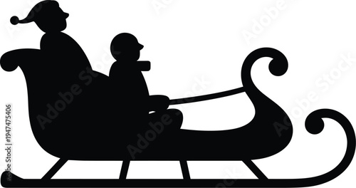 Black silhouette of Santa Claus and child riding in sleigh
