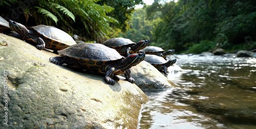Several turtles basking on sun-drenched rocks beside a flowing river in a lush natural environment.