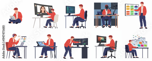 Diverse Cartoon Man Working from Home with Gadget Illustration Set