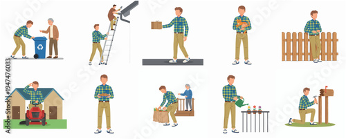 Flat Style Man in Various Lifestyle Activities Character Set Illustration