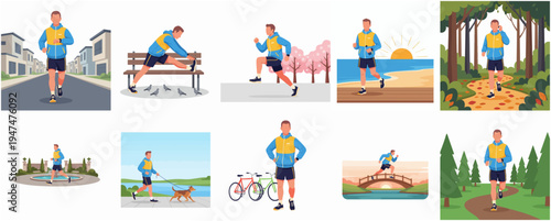 Modern Flat Illustration of Man Doing Various Physical Exercise Activities