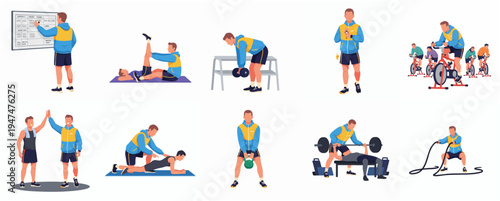 Diverse Cartoon Man Working from Home with Gadget Illustration Set