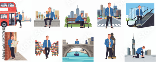 Flat Illustration of Male Athlete in Various Poses and Activities