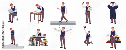 Flat Illustration Various Activities of Modern Man Working at Home