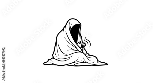 Mysterious figure wrapped in blanket, holding warm drink, isolated on white background