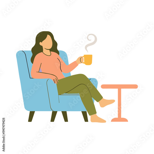 Woman sitting in chair relaxing with coffee on table indoors