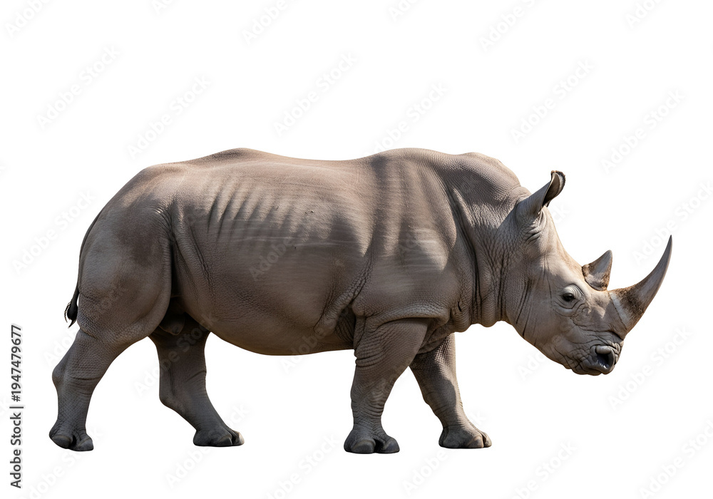 Fototapeta premium Young Rhinoceros Walking on Plain with White Background