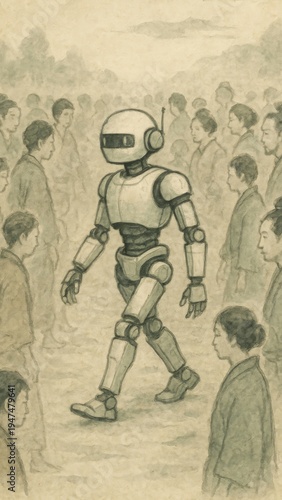 Robot amidst traditional crowd.