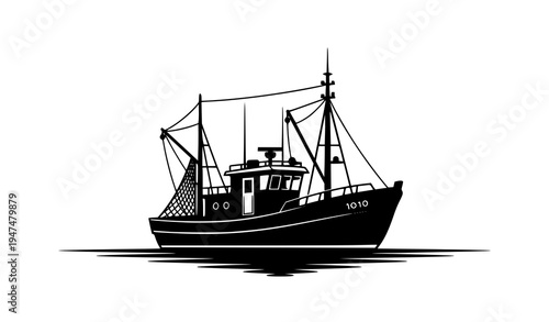 Fishing boat silhouette black vector illustration on calm water isolated