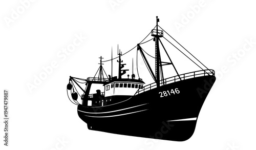 Fishing trawler silhouette black vector illustration angled view isolated