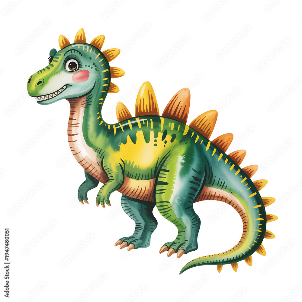 Obraz premium Playful Green Spiky Cartoon Dinosaur Toy - Colorful Adorable Children's Fantasy Illustration Artwork Character