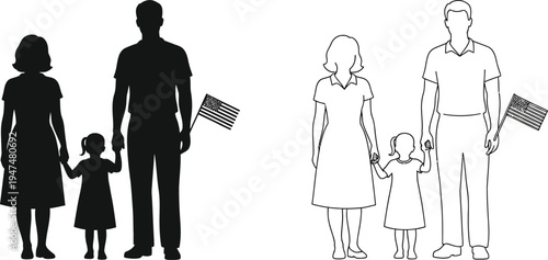 Family silhouettes holding hands american flag Vector
