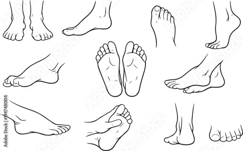 Human Feet in Various Poses out line vector illustration set