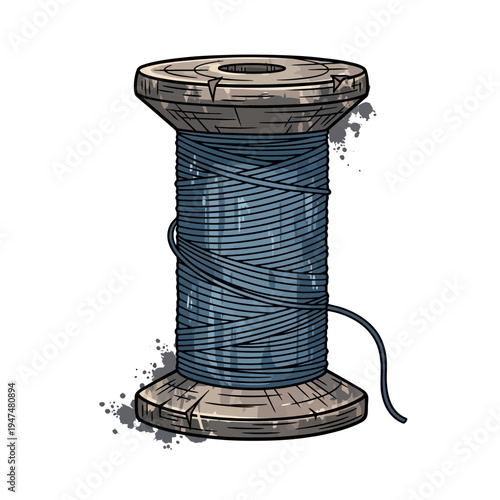Vintage wooden spool with blue thread, isolated on white background