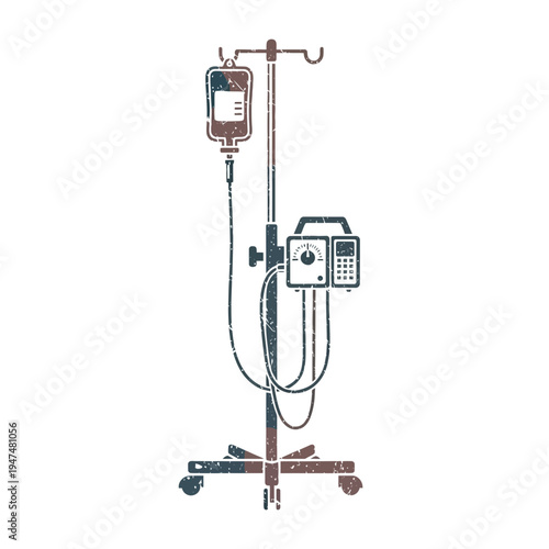 Medical intravenous drip stand with infusion pump, grunge texture