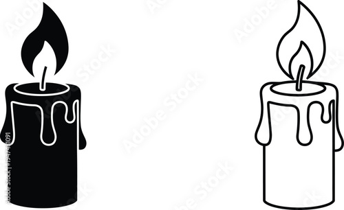 Black and white candles with melting wax and flame Vector