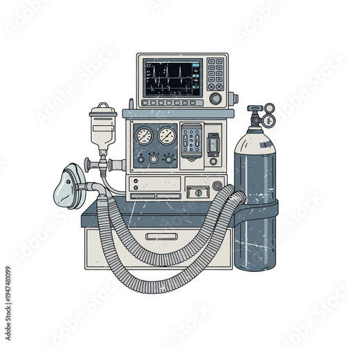 Medical ventilator machine with oxygen tank and mask, healthcare equipment illustration