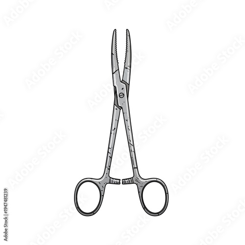 Surgical hemostat clamp, medical instrument, isolated on white background.