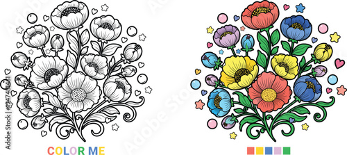 Kids coloring page featuring a detailed floral bouquet with stars and hearts, black and white outline alongside bright colorful example with palette, educational vector graphic.