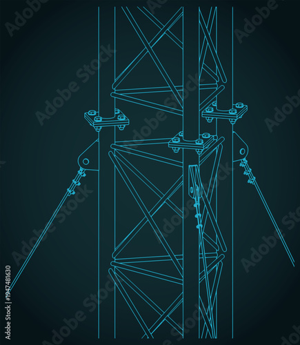 Telecommunication guyed mast isometric blueprint close-up