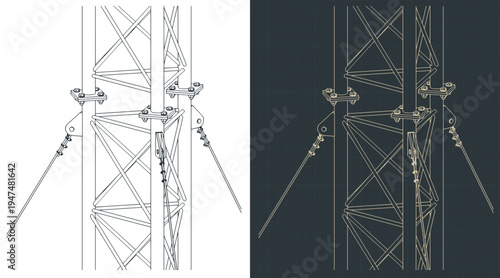 Telecommunication guyed mast isometric drawings close-up