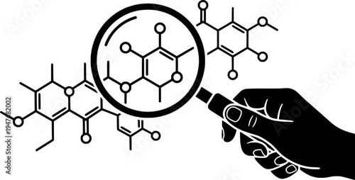 Drug Discovery Magnifying Glass Molecule Flat Vector Icon
