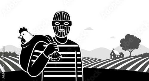 Chicken Thief Bandit in Rural Farm Landscape Stealing Poultry