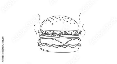 Delicious Burger Drawing, Fast Food Icon, Hand-Drawn Style