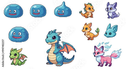 A vibrant collection of pixel art fantasy creatures, including various blue slimes, colorful dragons, and whimsical fox-like beings.